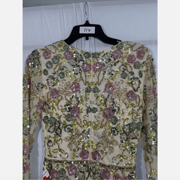 NWT $698 Mac Duggal [ 4 ] Long Sleeve Floral Embellished Gown in Nude Mult #Q633 - Picture 14 of 15